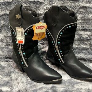 Vintage Dingo Black Heeled Boots with Turquoise Accents